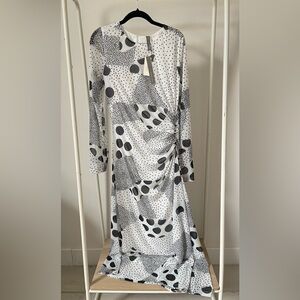 Anthropologie Black and White Abstract Polka Dot Long Sleeve Midi Dress